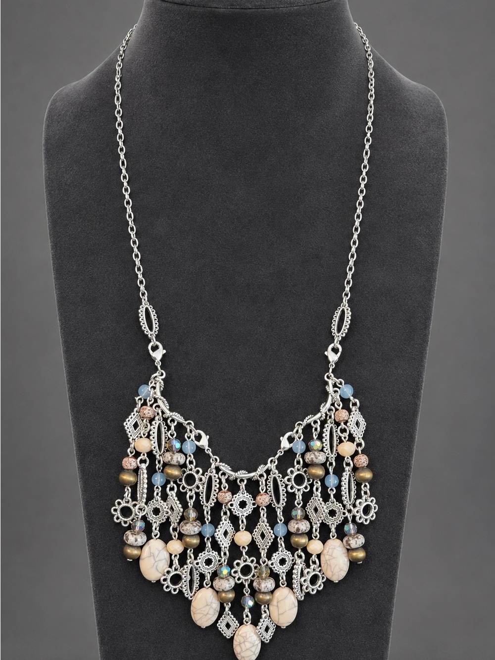 Premier Designs Grand Canyon Silvertone Bib Statement Necklace NOS 36”-42” #690
